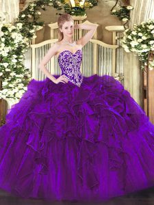 Pretty Sweetheart Sleeveless 15 Quinceanera Dress Floor Length Beading and Ruffles Purple Organza