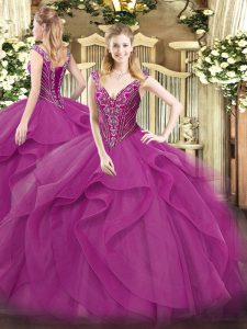 Most Popular Lilac Sleeveless Beading and Ruffles Floor Length Quince Ball Gowns