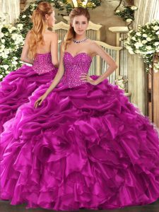 Glittering Organza Sweetheart Sleeveless Lace Up Beading and Ruffles and Pick Ups Quinceanera Gowns in Fuchsia