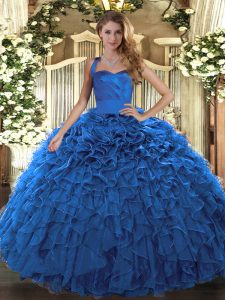 Excellent Blue Halter Top Lace Up Ruffles Ball Gown Prom Dress Sleeveless