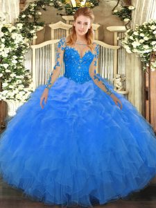  Blue Lace Up Scoop Lace and Ruffles 15th Birthday Dress Organza Long Sleeves