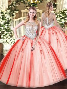 New Style Coral Red Scoop Neckline Beading and Appliques 15 Quinceanera Dress Sleeveless Zipper