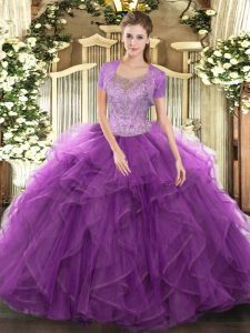 Excellent Floor Length Clasp Handle Quinceanera Dresses Eggplant Purple for Military Ball and Sweet 16 with Beading and Ruffled Layers