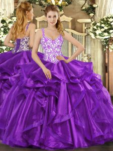  Straps Sleeveless Lace Up Quinceanera Dresses Eggplant Purple Organza