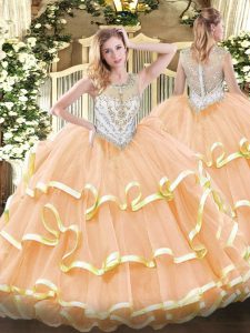 Enchanting Sleeveless Floor Length Beading and Ruffled Layers Zipper 15 Quinceanera Dress with Peach