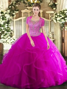 Beautiful Scoop Sleeveless Tulle Quinceanera Dress Beading and Ruffled Layers Clasp Handle