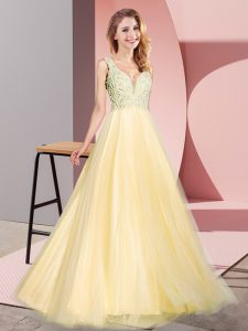  Gold Tulle Zipper V-neck Sleeveless Floor Length Prom Gown Lace