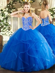 Designer Blue Sleeveless Beading and Ruffles Floor Length Sweet 16 Dress