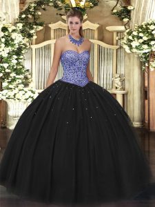  Sleeveless Tulle Floor Length Lace Up Quinceanera Gowns in Black with Beading