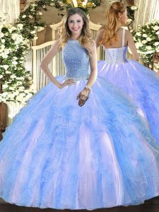  Sleeveless Tulle Floor Length Lace Up 15 Quinceanera Dress in Baby Blue with Beading and Ruffles