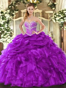 Free and Easy Sleeveless Floor Length Beading and Ruffles and Pick Ups Lace Up Quinceanera Dresses with Purple