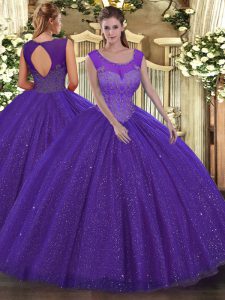 Elegant Purple Tulle Backless Scoop Sleeveless Floor Length Quinceanera Gown Beading