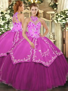 Ideal Fuchsia Quinceanera Dresses Military Ball and Sweet 16 and Quinceanera with Beading and Embroidery Halter Top Sleeveless Lace Up