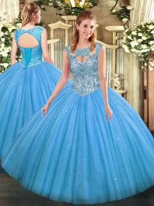 Beauteous Baby Blue Lace Up Quince Ball Gowns Beading Sleeveless Floor Length