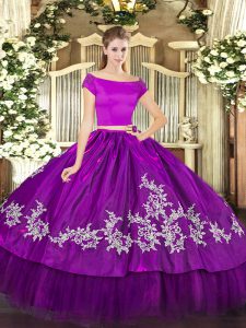 Eye-catching Purple Zipper Off The Shoulder Embroidery Quinceanera Gown Organza and Taffeta Short Sleeves
