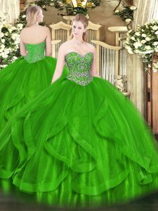 Glorious Sleeveless Tulle Floor Length Lace Up Sweet 16 Quinceanera Dress in Green with Beading and Ruffles