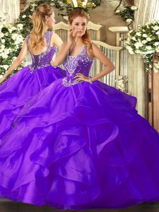  Purple Ball Gowns Beading and Ruffles Sweet 16 Quinceanera Dress Lace Up Tulle Sleeveless Floor Length