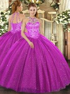 Low Price Halter Top Sleeveless Lace Up Quinceanera Gowns Fuchsia Tulle