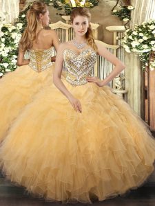 Edgy Gold Sleeveless Tulle Lace Up Quinceanera Gown for Military Ball and Sweet 16 and Quinceanera