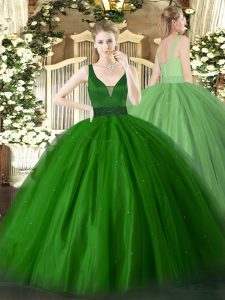 Sexy Ball Gowns Sweet 16 Quinceanera Dress Green Straps Tulle Sleeveless Floor Length Zipper