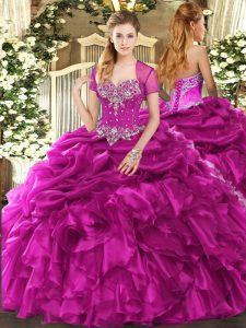  Sleeveless Floor Length Beading and Ruffles and Pick Ups Lace Up Quinceanera Dress with Fuchsia