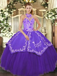  Purple Lace Up Halter Top Beading and Embroidery Quinceanera Gown Satin and Tulle Sleeveless