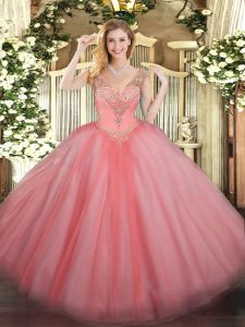  Watermelon Red Ball Gowns Beading Quinceanera Gown Lace Up Tulle Sleeveless Floor Length