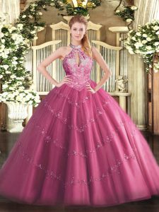 Noble Floor Length Lace Up Quinceanera Dresses Hot Pink for Military Ball and Sweet 16 and Quinceanera with Lace and Appliques