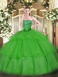  Floor Length Lace Up 15 Quinceanera Dress Green for Military Ball and Sweet 16 and Quinceanera with Beading and Ruffled Layers