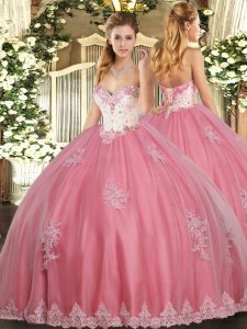  Watermelon Red Ball Gowns Beading and Appliques Quinceanera Gown Lace Up Tulle Sleeveless Floor Length