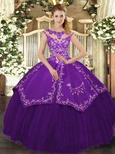 Custom Design Scoop Cap Sleeves Lace Up Sweet 16 Dress Purple Satin and Tulle