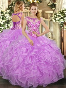  Lilac Ball Gowns Scoop Cap Sleeves Organza Floor Length Lace Up Beading and Appliques and Ruffles Quinceanera Dresses