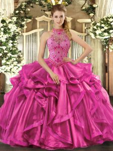 Fantastic Fuchsia Ball Gowns Beading and Embroidery and Ruffles Sweet 16 Dress Lace Up Organza Sleeveless Floor Length