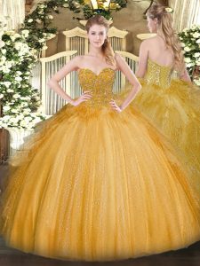 Pretty Gold Ball Gowns Tulle Sweetheart Sleeveless Lace Floor Length Lace Up Sweet 16 Quinceanera Dress
