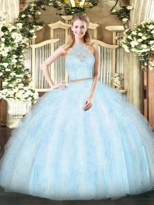  Sleeveless Floor Length Lace and Ruffles Zipper Quinceanera Dress with Light Blue