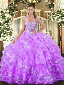  Lilac Sleeveless Beading and Ruffled Layers Floor Length Quince Ball Gowns