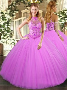 Flare Lilac Lace Up Quince Ball Gowns Beading and Embroidery Sleeveless Floor Length