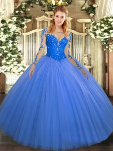 Sophisticated Blue Ball Gowns Tulle Scoop Long Sleeves Lace Floor Length Lace Up Quinceanera Dress