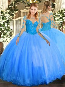  Floor Length Baby Blue Ball Gown Prom Dress Scoop Long Sleeves Lace Up
