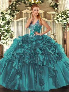  Organza Straps Sleeveless Lace Up Beading and Ruffles Quinceanera Dress in Teal 