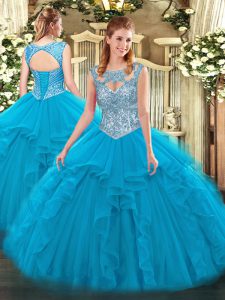  Blue Sleeveless Floor Length Beading and Ruffles Lace Up 15 Quinceanera Dress