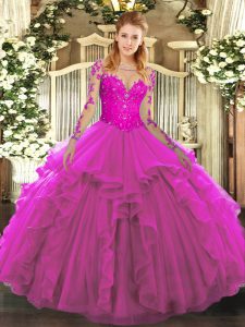  Fuchsia Lace Up 15th Birthday Dress Lace and Ruffles Long Sleeves Floor Length