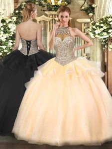 Classical Tulle Halter Top Sleeveless Lace Up Beading Quinceanera Gowns in Peach