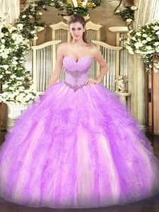  Lilac Tulle Lace Up Sweet 16 Dresses Sleeveless Floor Length Beading and Ruffles
