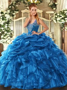 New Arrival Sleeveless Floor Length Beading and Ruffles and Pick Ups Lace Up Quinceanera Dresses with Blue