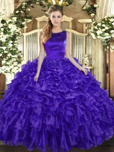 Captivating Sleeveless Floor Length Ruffles Lace Up Quinceanera Gowns with Purple