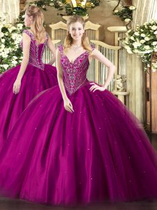  Fuchsia Sleeveless Tulle Lace Up Quinceanera Dresses for Military Ball and Sweet 16 and Quinceanera