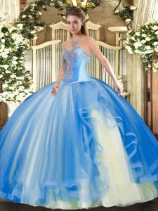  Baby Blue Sleeveless Floor Length Beading and Ruffles Lace Up Quinceanera Dresses