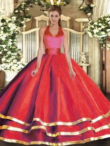 Lovely Red Ball Gowns Tulle Halter Top Sleeveless Ruffled Layers Floor Length Lace Up Quinceanera Gown