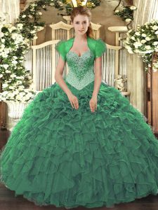 Pretty Green Lace Up Sweetheart Beading and Ruffles 15th Birthday Dress Organza Sleeveless